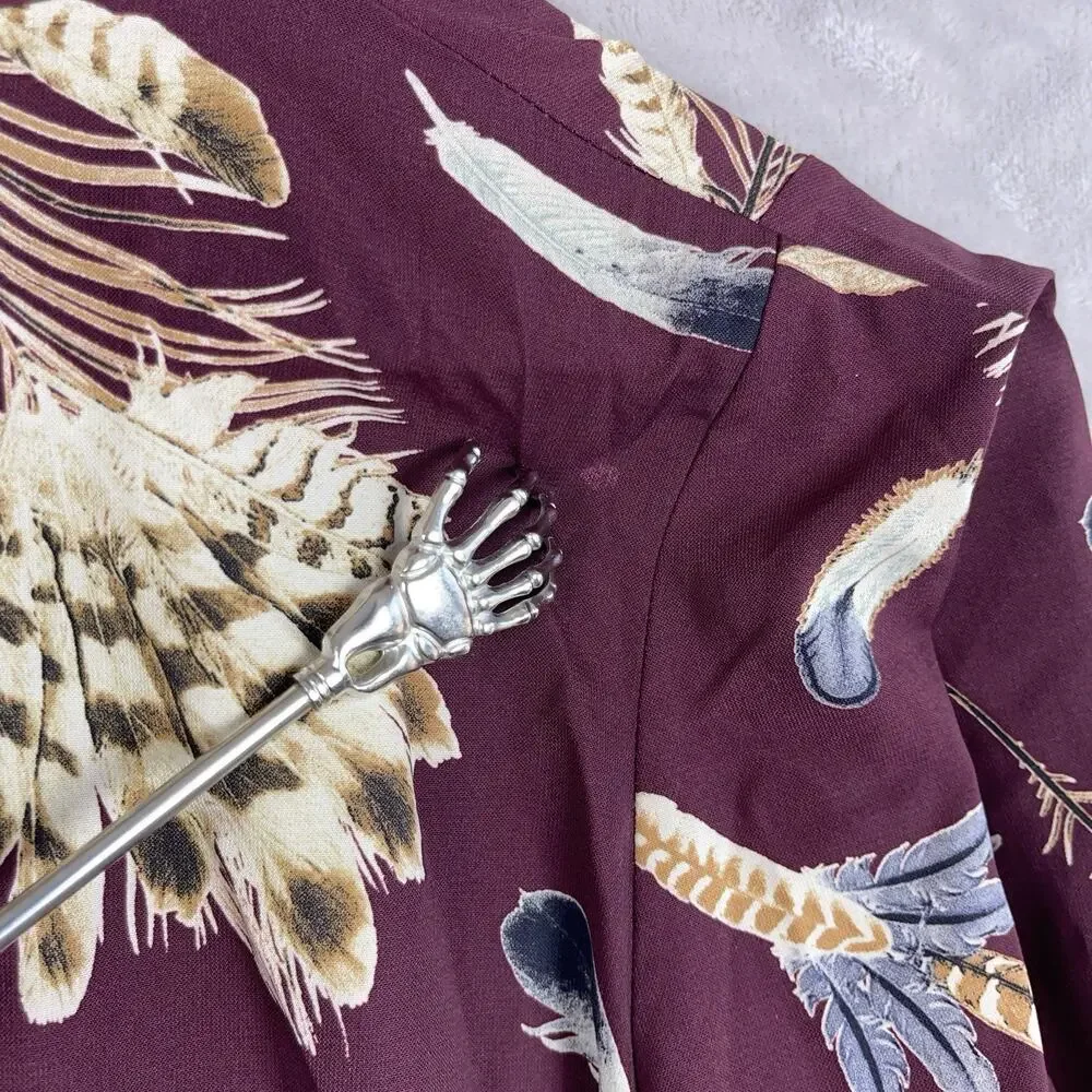 Pinkyotto New York Blouse Mock Nexk Feather Print Burgundy Top Med Boho Earthy